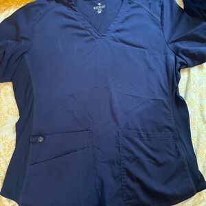 Med couture navy blue scrub top rib knit side panels women’s xl
